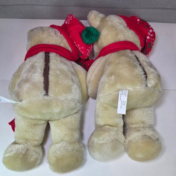 Pair of Christmas Animated Plush Bears Red Hat Scarf Holiday Stuffed Animals - Picture 7 of 11